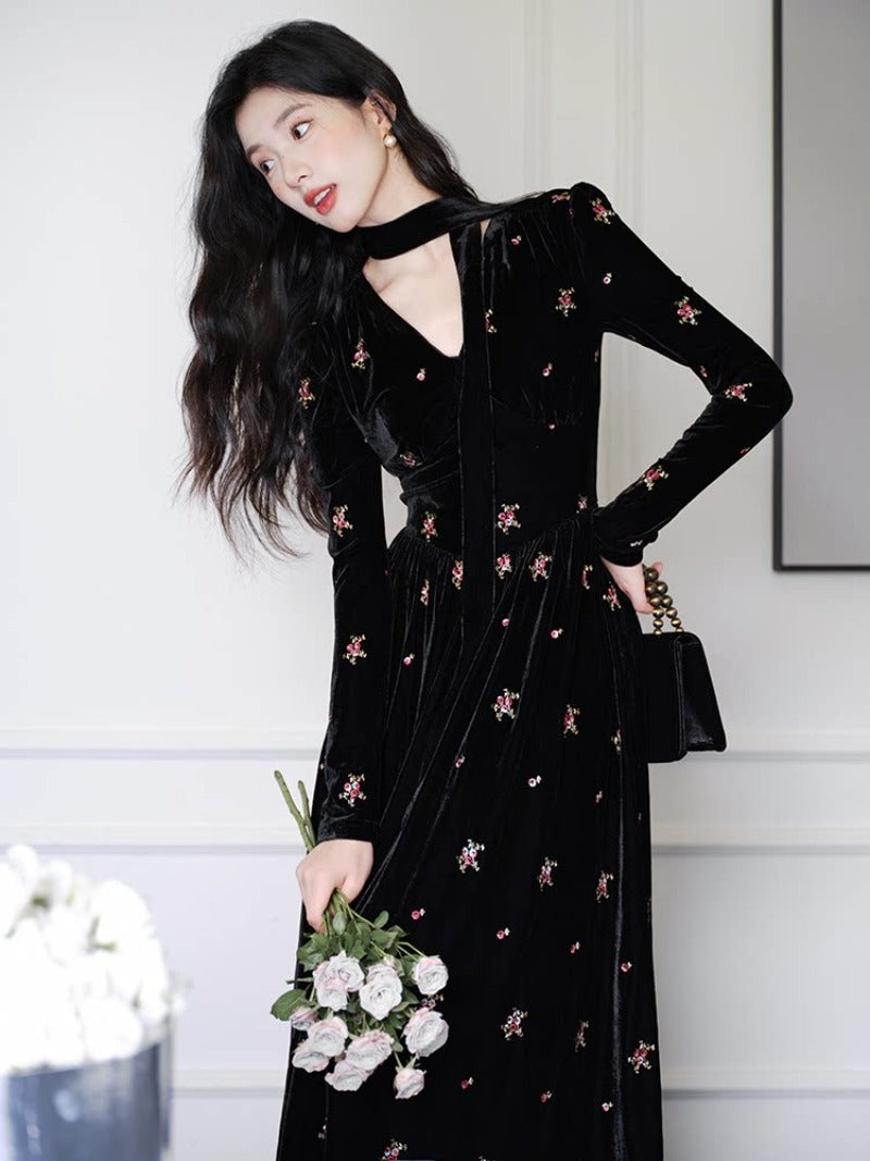 Black Floral Embroidered Velvet V Neck A-Line Maxi Dress