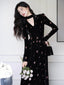 Black Floral Embroidered Velvet V Neck A-Line Maxi Dress