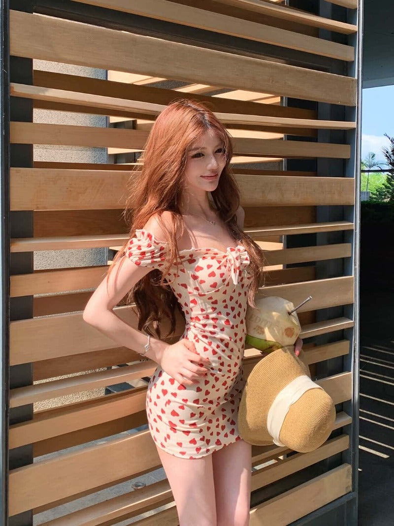 Cream Heart Print Off Shoulder Bodycon Mini Dress