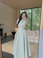 Round Neck Short Sleeve High Waist A-Line Maxi Dress