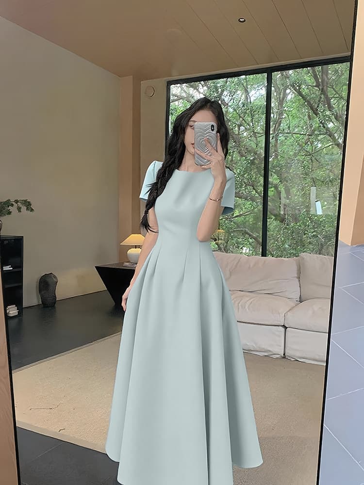 Round Neck Short Sleeve High Waist A-Line Maxi Dress