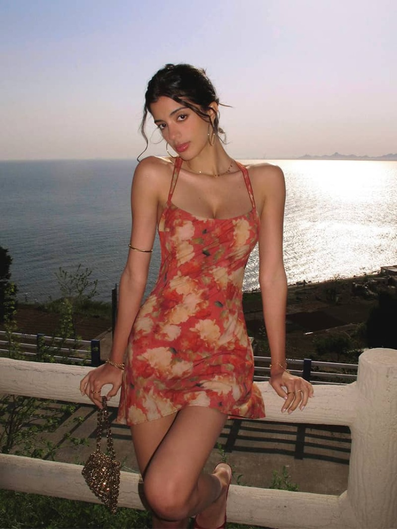 Red Floral Halter Open Back Vacation Dress