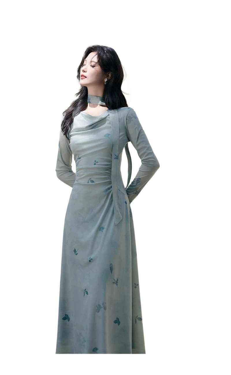 Light Blue Scarf Cowl Neck Bell Sleeve A-Line Maxi Dress