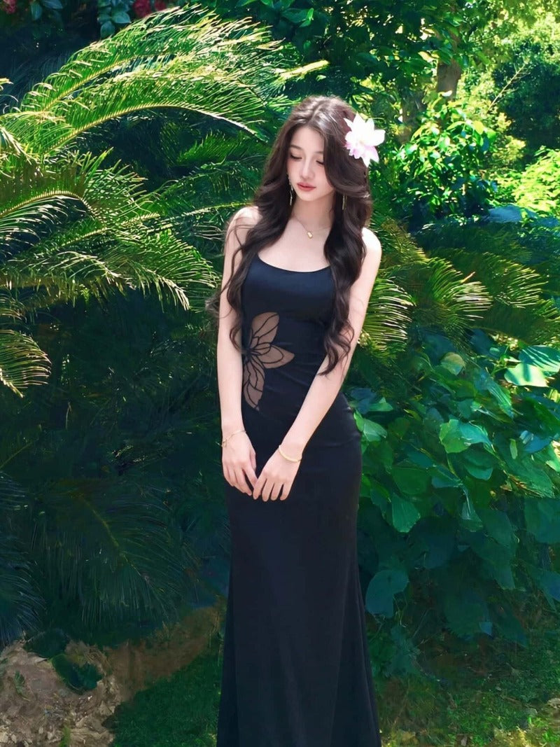 Black Cutout Embroidered Bodycon Maxi Dress