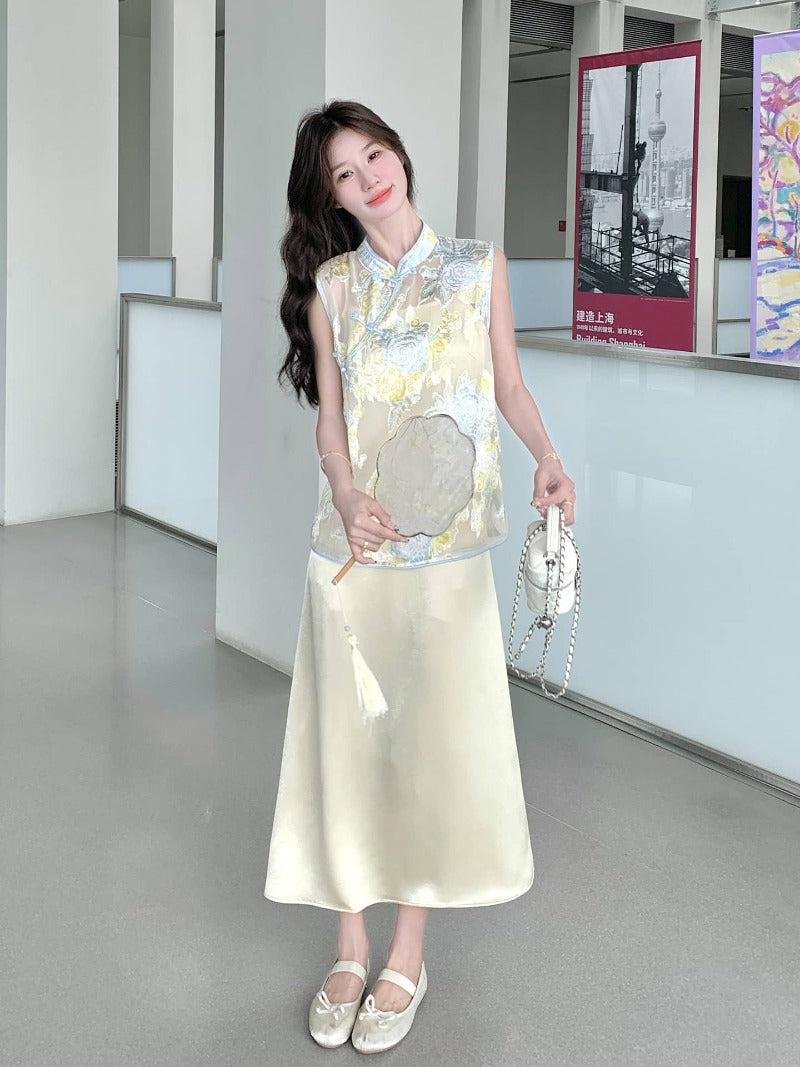 Printed Mandarin Collar Cami Maxi Dress Set