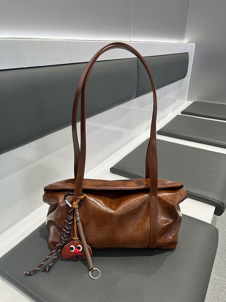 Retro Glossy Leather Shoulder Bag with Charm