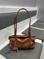 Retro Glossy Leather Shoulder Bag with Charm