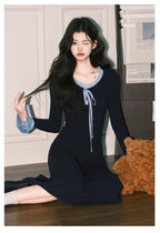 Navy Ribbon V Neck Bell Sleeve A-Line Dress