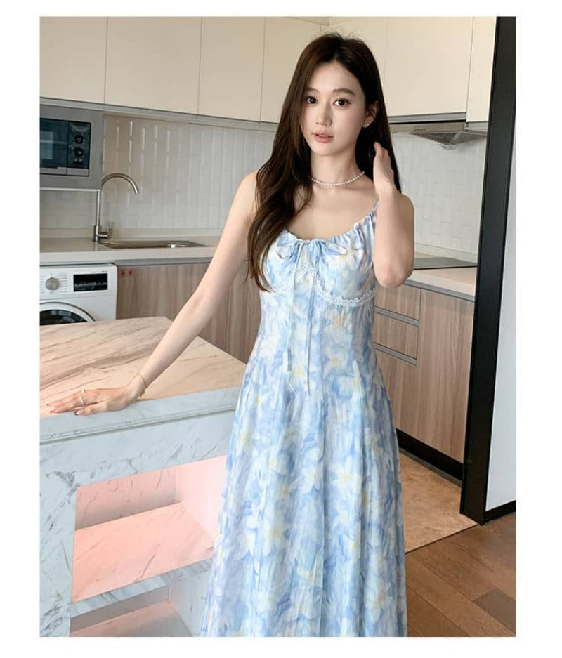 French Style Printed Tie Front Cami A-Line Maxi Dress