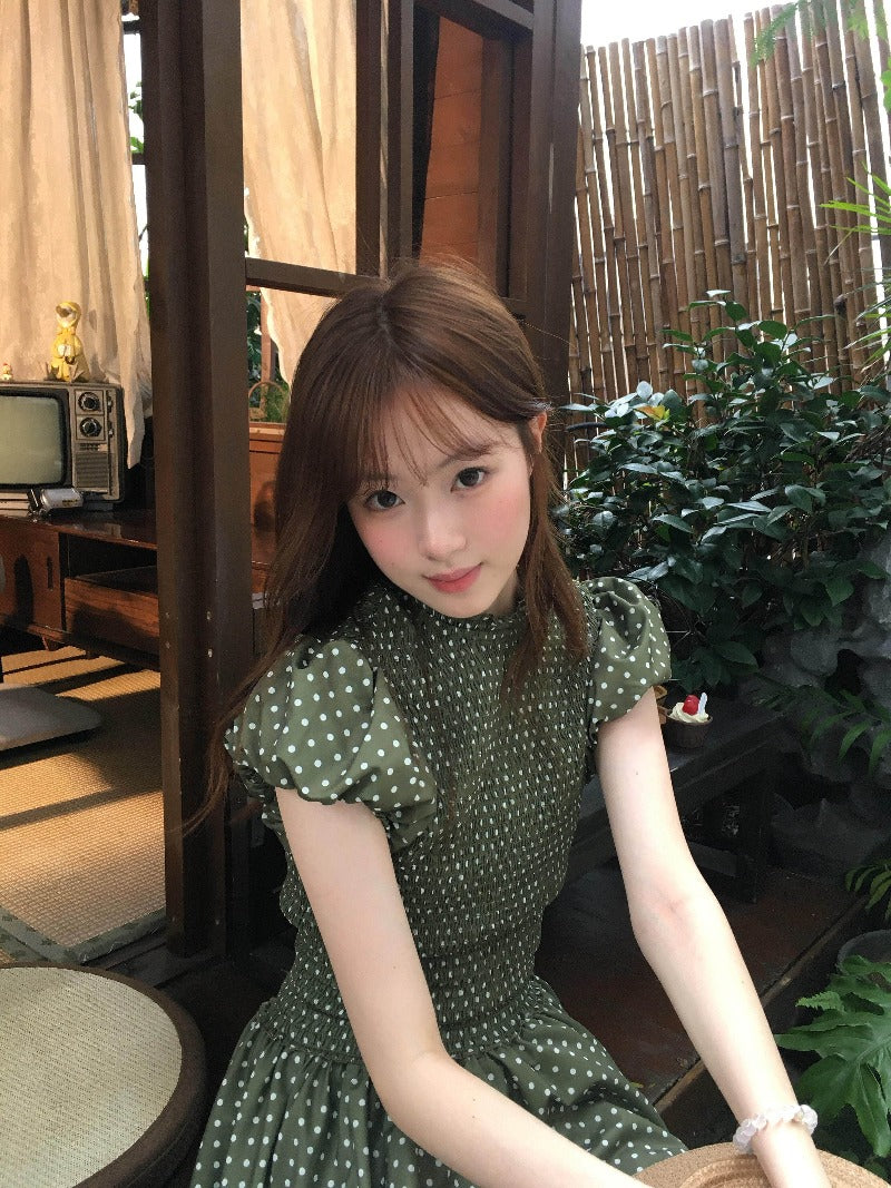 Green Polka Dot Puff Sleeve Smocked A-Line Mini Dress