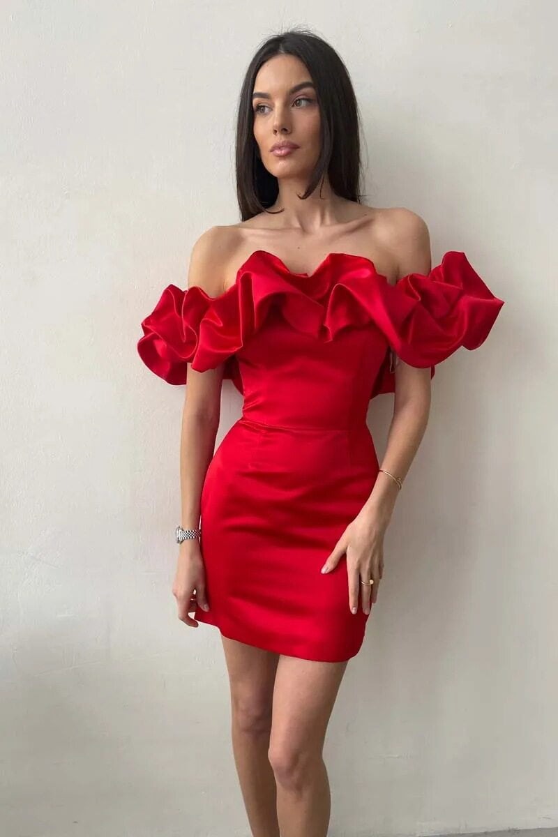Off Shoulder Ruffle Sleeve Bodycon Mini Dress