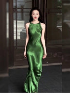 Green Satin Sleeveless Side Slit Bodycon Maxi Dress