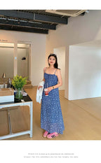 Blue Floral Tie Front Spaghetti Strap Maxi Dress