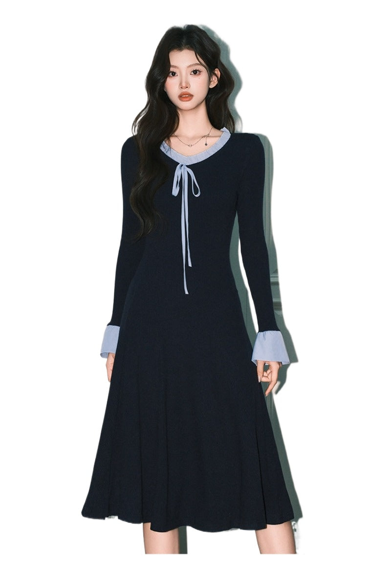Navy Ribbon V Neck Bell Sleeve A-Line Dress