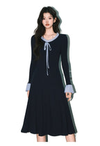 Navy Ribbon V Neck Bell Sleeve A-Line Dress