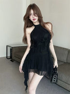 Flirty Black Ruffle Halter High-Low Mini Dress