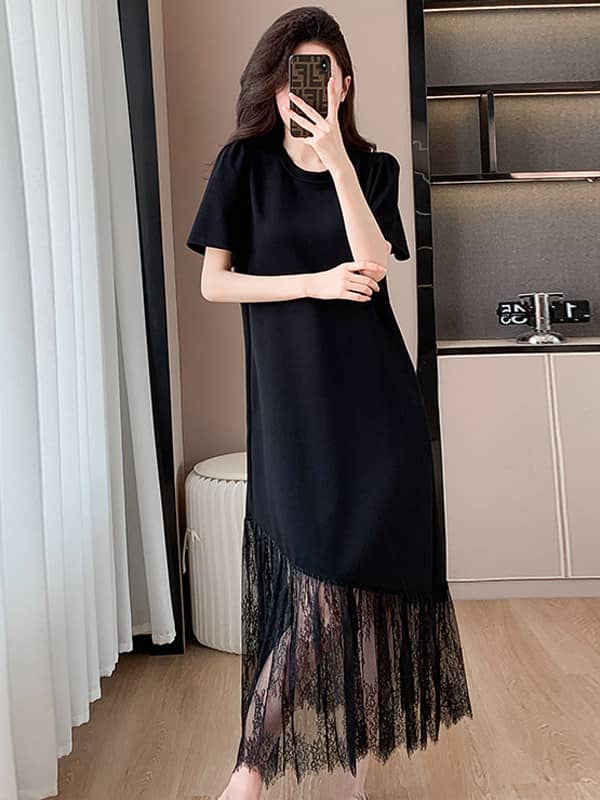 Black Round Neck Short Sleeve Lace Maxi Dress