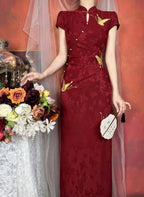 Red Mandarin Collar Butterfly Embroidered Qipao Midi Dress