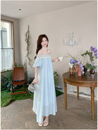 Light Blue Tassel Trim Off-Shoulder Maxi Dress