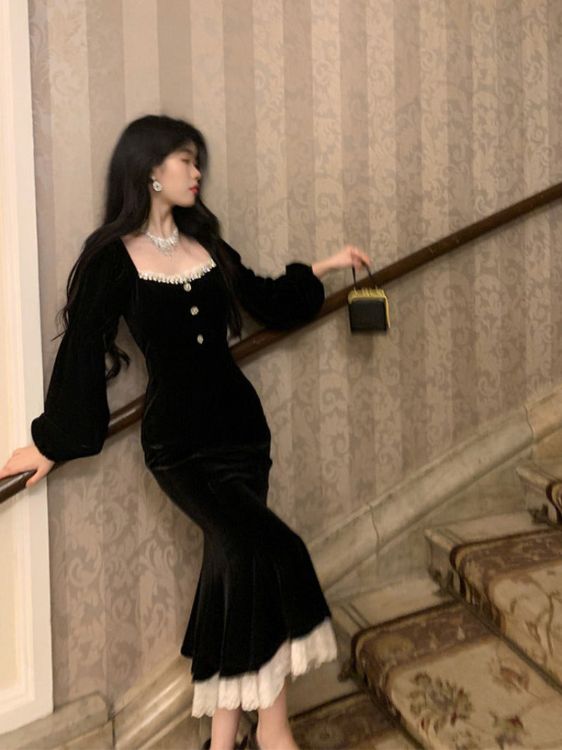 Black Velvet Lace Square Neck Mermaid Midi Dress