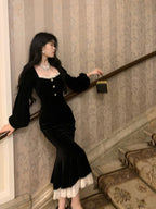 Black Velvet Lace Square Neck Mermaid Midi Dress