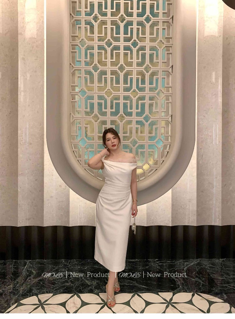 Plus Size White Lace Trim Off Shoulder Ruched Midi Dress