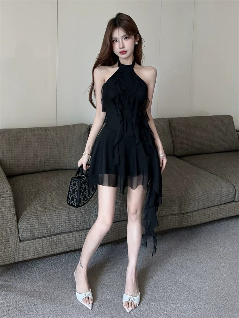 Flirty Black Ruffle Halter High-Low Mini Dress