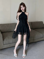 Flirty Black Ruffle Halter High-Low Mini Dress