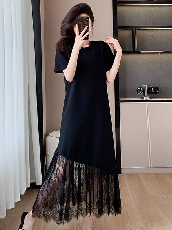 Black Round Neck Short Sleeve Lace Maxi Dress