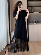 Black Round Neck Short Sleeve Lace Maxi Dress