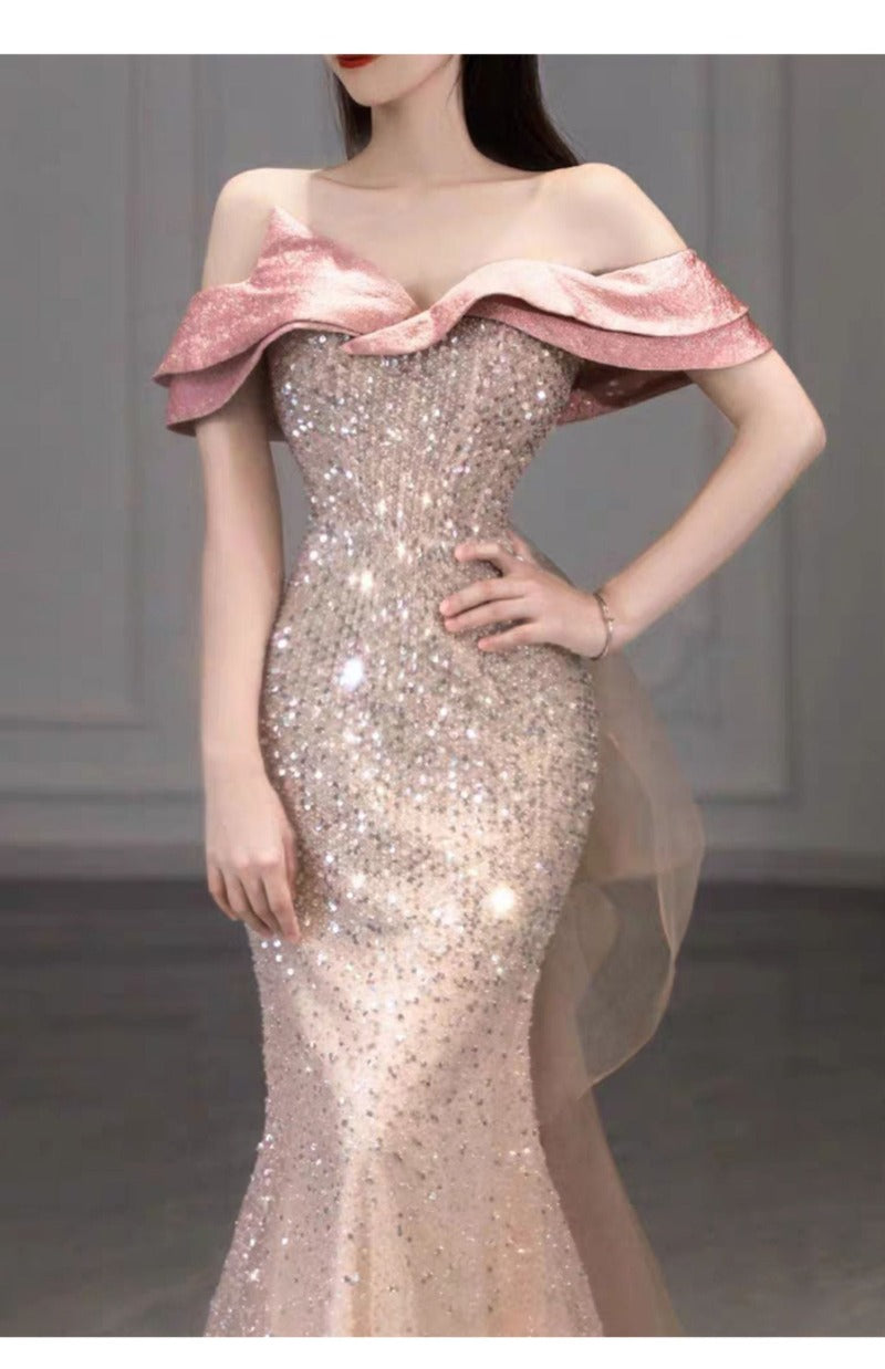 Pink Off Shoulder Sequin Mermaid Maxi Dress
