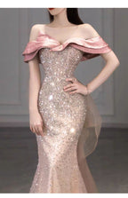 Pink Off Shoulder Sequin Mermaid Maxi Dress