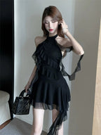 Flirty Black Ruffle Halter High-Low Mini Dress