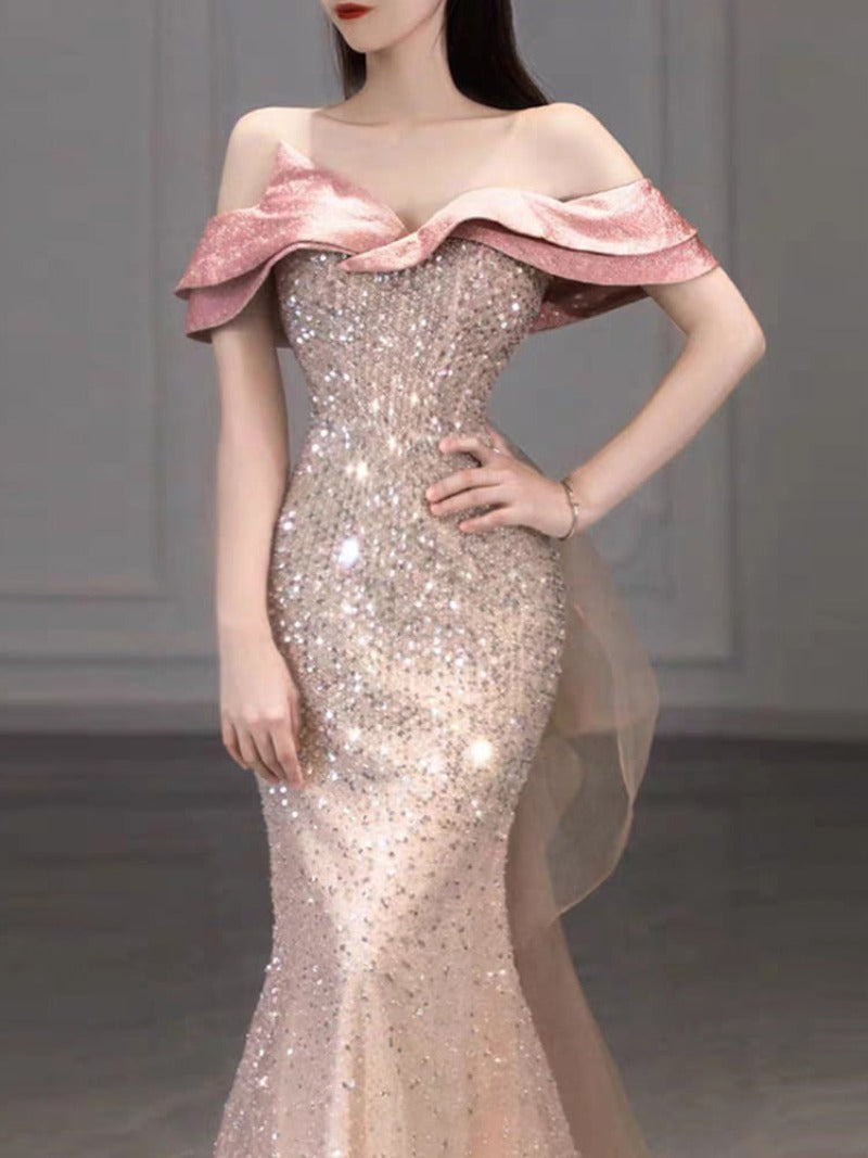 Pink Off Shoulder Sequin Mermaid Maxi Dress