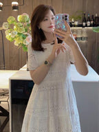 White Eyelet Lace Short Sleeve A-Line Midi Dress