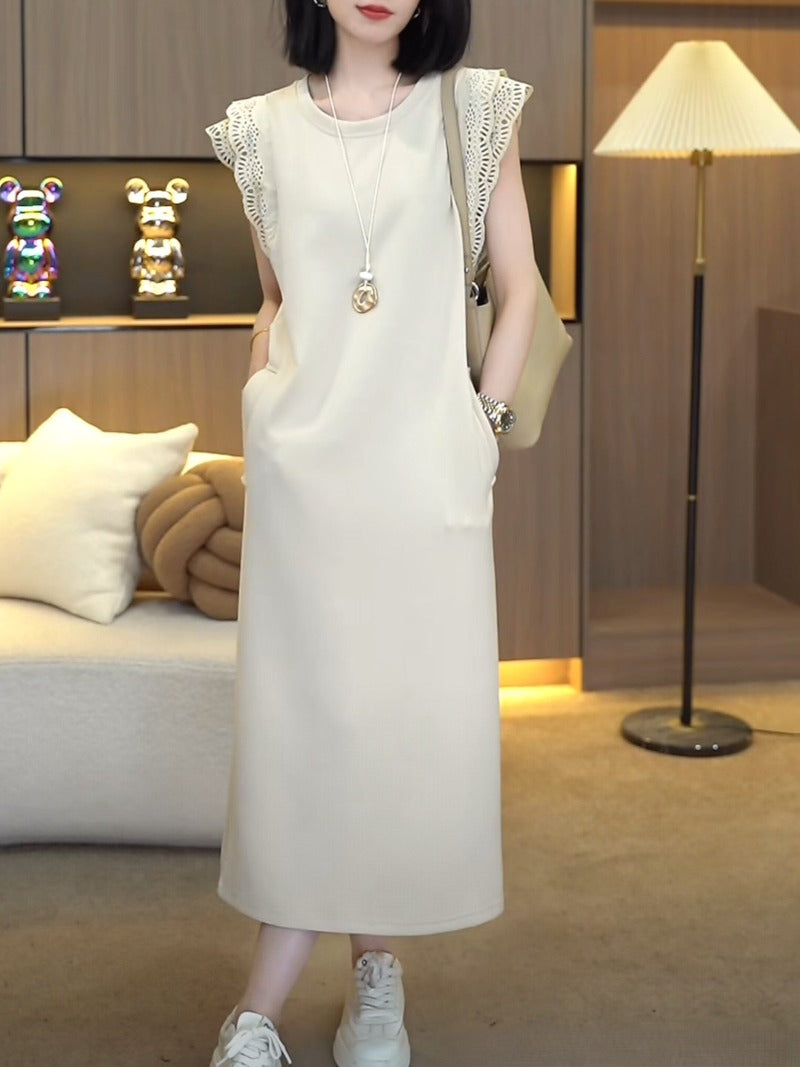 Ivory Lace Trim Flutter Sleeve Shift Midi Dress