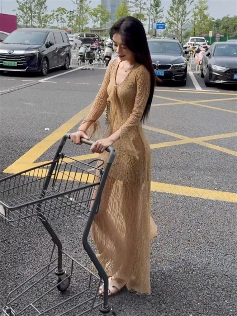 Desert Muse Khaki Mesh V Neck Bell Sleeve Maxi Dress