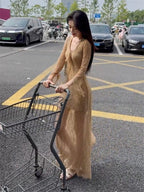 Desert Muse Khaki Mesh V Neck Bell Sleeve Maxi Dress