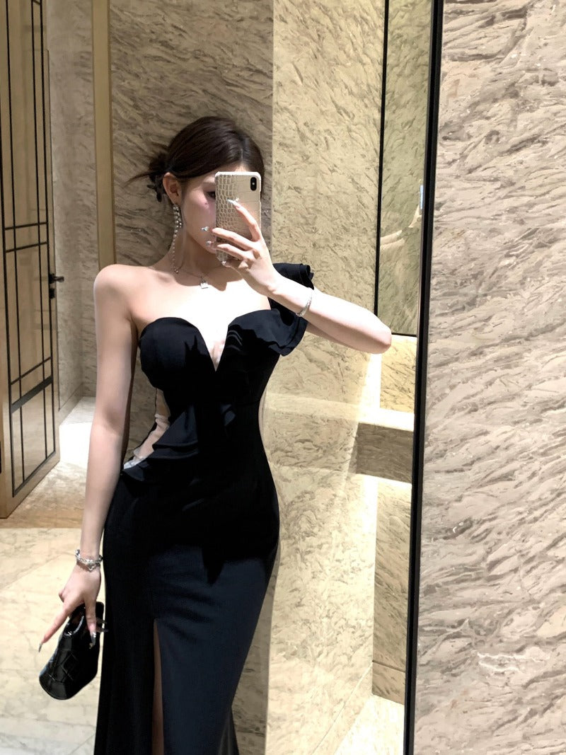 Black One Shoulder Ruffle Slit Bodycon Maxi Dress