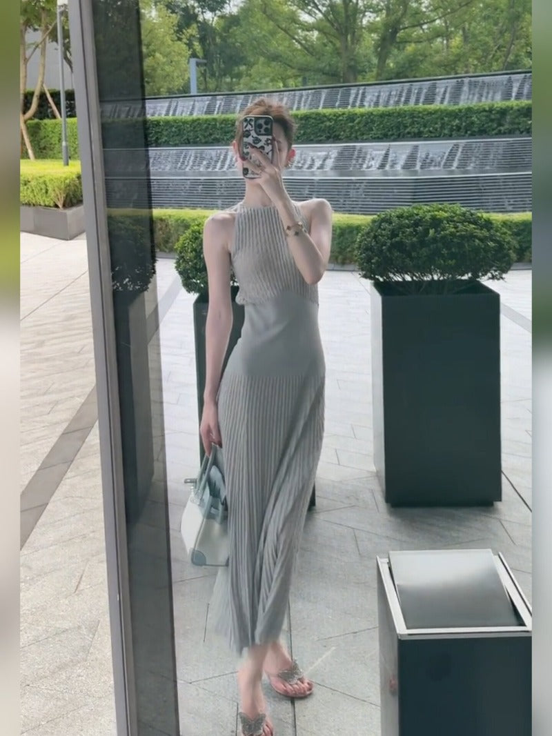 Gray Halter Pleated Sleeveless Bodycon Midi Dress