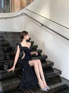 Black One Shoulder Ruffle Slit Bodycon Maxi Dress