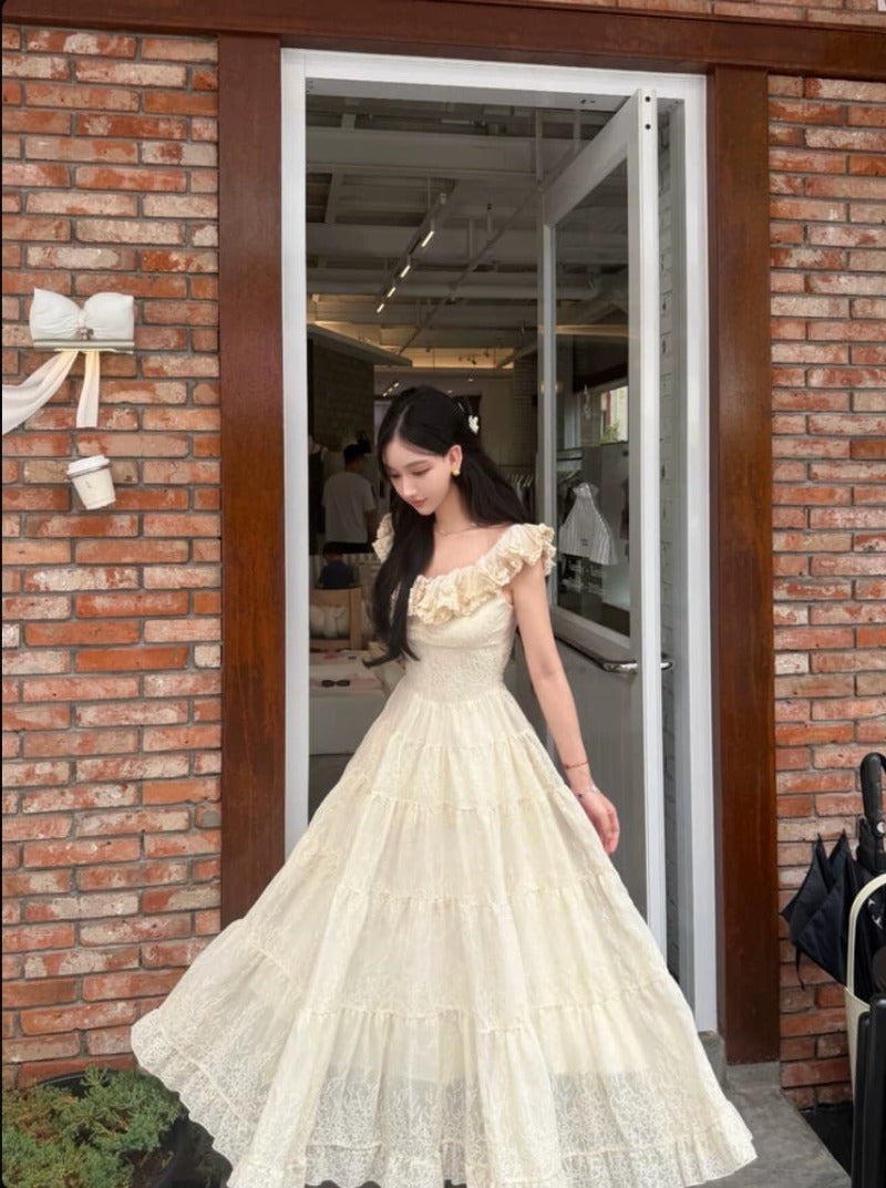Ivory Ruffle Neck Embroidered Tiered Maxi Dress