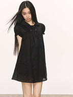 Lyocell Linen Puff Sleeve Collared Babydoll Mini Dress