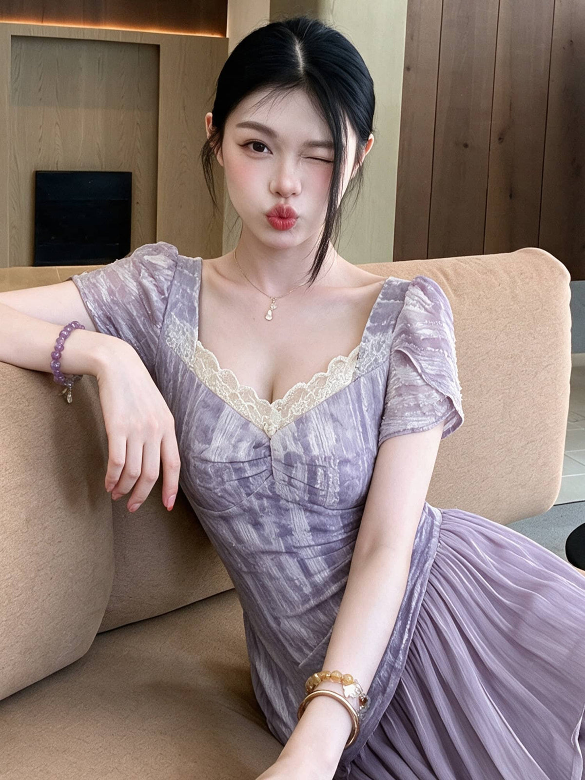 Purple Lace Trim Sweetheart Puff Sleeve A-Line Midi Dress