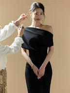 Asymmetric One Shoulder Draped Bodycon Midi Dress