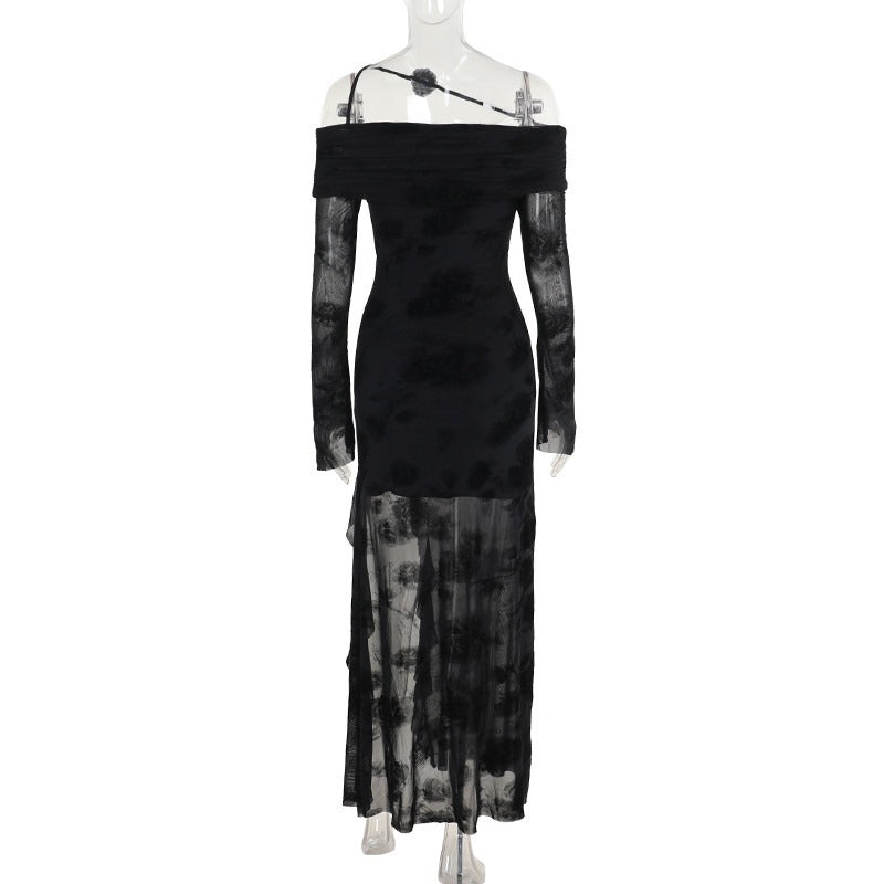 Black Floral Off Shoulder Long Sleeve Slit Maxi Dress