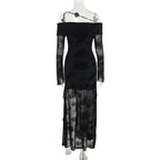 Black Floral Off Shoulder Long Sleeve Slit Maxi Dress