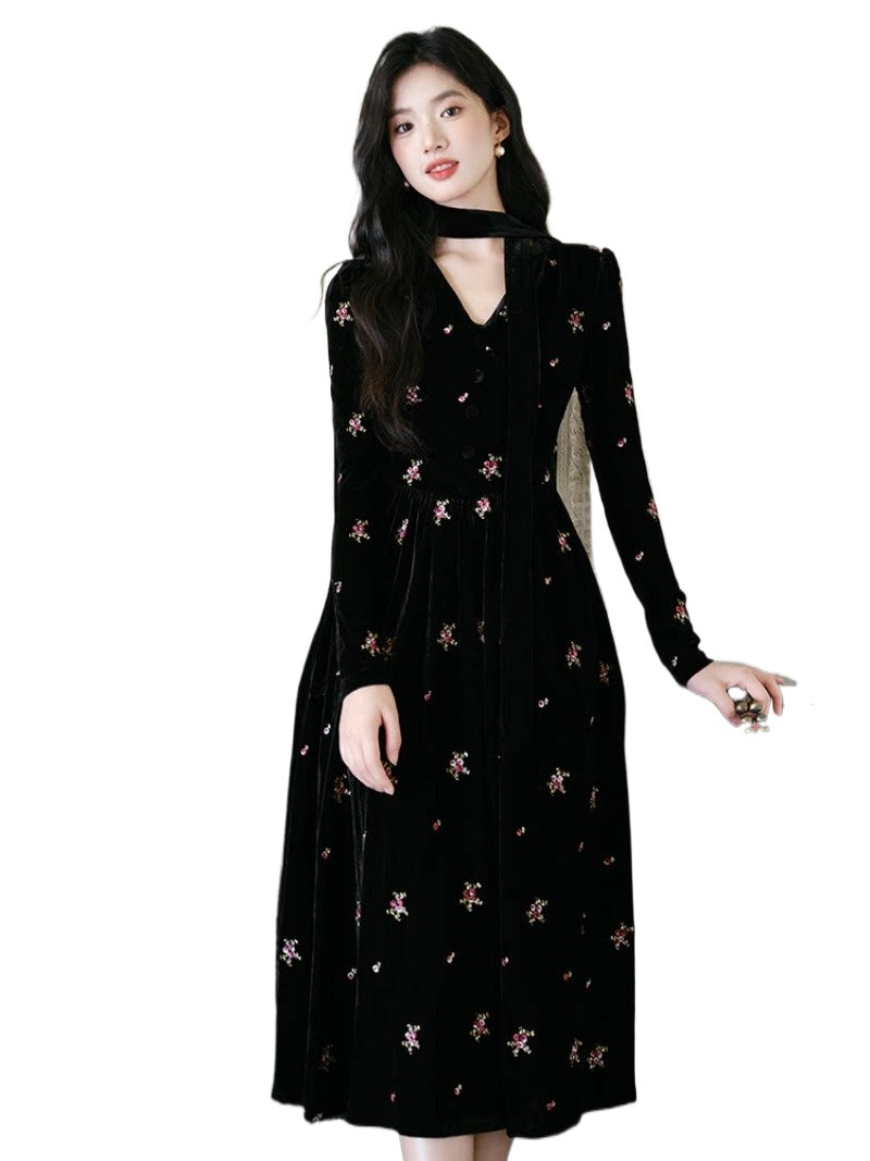 Black Floral Embroidered Velvet V Neck A-Line Maxi Dress Main image