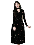 Black Floral Embroidered Velvet V Neck A-Line Maxi Dress