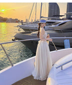 Ivory Lace Trim Backless Tie Back A-Line Maxi Dress
